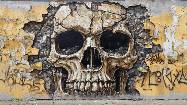 Street mural skull made of crumbling concrete and letters.