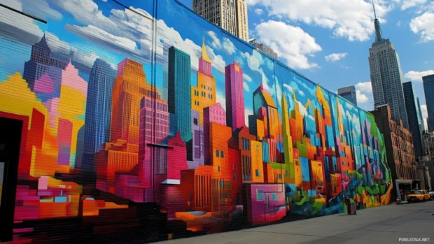 Street mural transforming city blocks into surreal graffiti cityscape wallpapers.