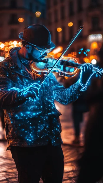 Street musician playing neon violin with floating notes.