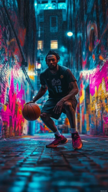 Street style basketball player dribbling through neon graffiti alley.