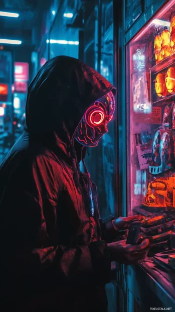 Street vendor selling neon glowing masks.