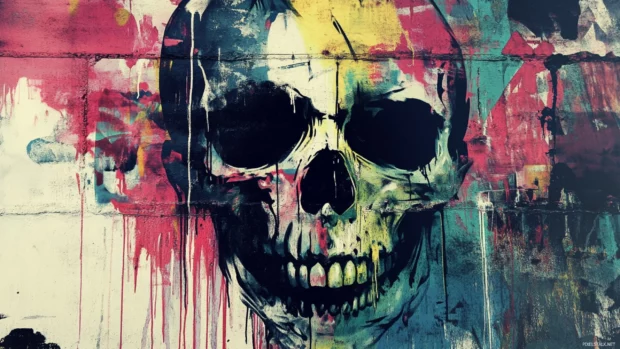 Street wall with dripping paint and a bold skull graffiti wallpaper for desktops.