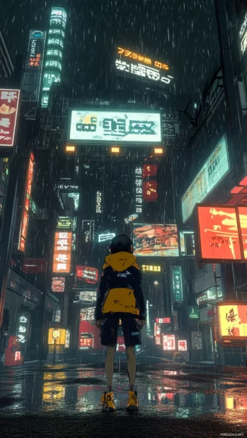 Streetcore Pilot standing beneath rain soaked signs in a glowing anime cyberpunk cityscape.