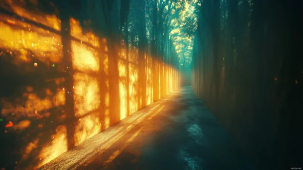 Stretching shadows and glowing beams passing through an evolving trippy dreamland.