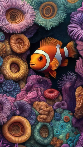 Striking close up of a clownfish nestled within vibrant sea anemones, showcasing the intricate textures and colors of a coral reef habitat.