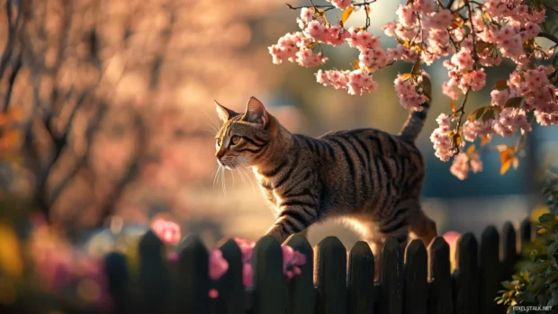 Striped cat walking along a fence with cherry blossoms blooming.