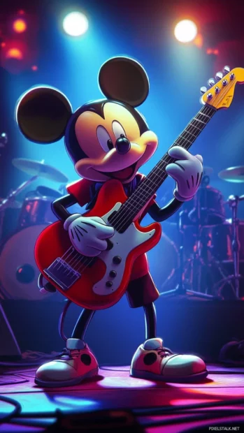 Strumming a guitar with his band, Mickey Mouse performs under shining stage lights.