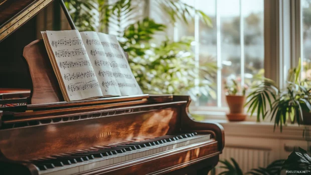 Studio grand piano with worn keys, sheet music, and sunlight filtering through windows.