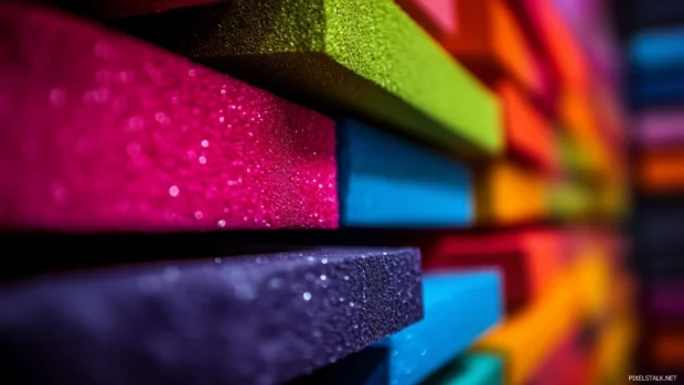 Studio wall with colorful soundproofing panels creating abstract design for music creativity.