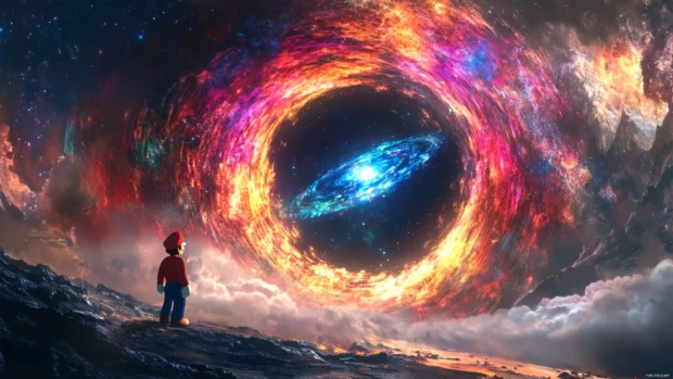 Stunning Mario Galaxy Wallpaper of Mario navigating a rotating galaxy ring with vivid colors.