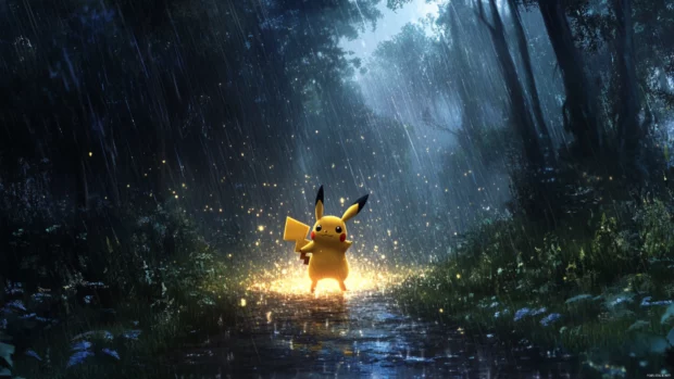 Stunning Pikachu Wallpaper 4K where Pikachu runs through a rainy forest leaving trails of light.
