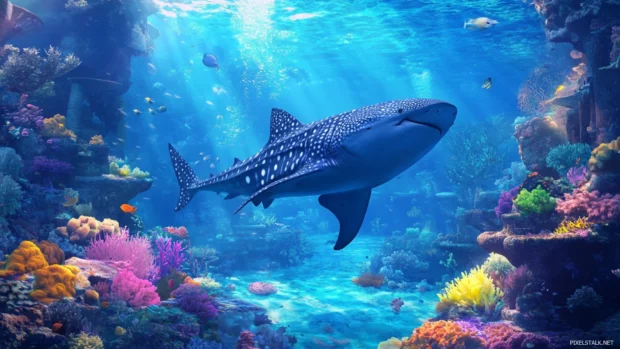 Stunning whale shark wallpaper for desktop with coral reef background.