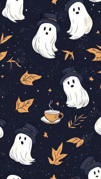Stylish Aesthetic Ghost Wallpapers pattern with ghosts in berets sipping tea under starry skies.