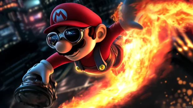 Stylish Cool Mario Wallpaper with Mario flipping midair wearing aviators and a flame trail.