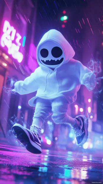 Stylish Ghost iPhone Wallpapers with cute cartoon ghosts in hoodies and sneakers dancing under neon lights.