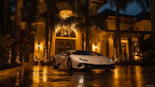 Stylish Lamborghini Huracan Laptop wallpaper with a white Huracan EVO parked under luxury villa lights.