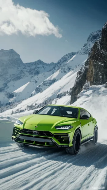 Stylish Lamborghini Wallpapers showcasing a lime green Urus cruising through a snowy mountain road.