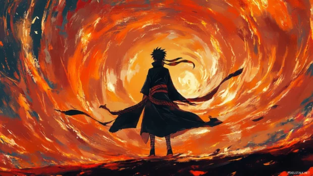 Stylish Naruto Moving Wallpapers showing Naruto with wind style jutsu swirling around.