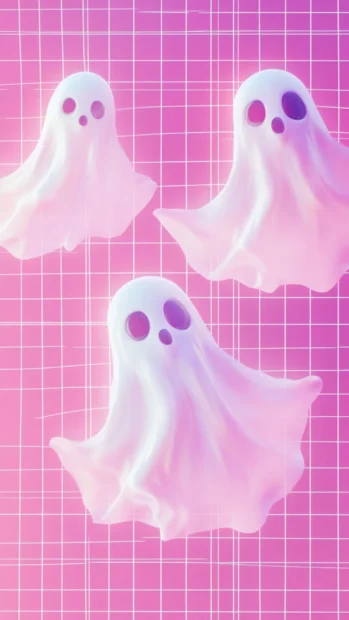 Stylish Pink Ghost Wallpapers with ghosts outlined in soft white gliding through a pink grid background.