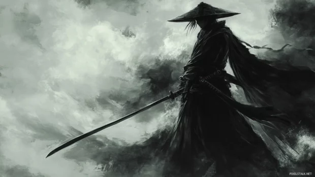 Stylish anime samurai with flowing cape, best anime wallpaper for widescreen PC.