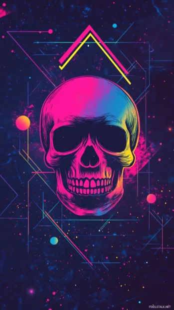 Stylish cool skull wallpaper surrounded by glitching geometric shapes.