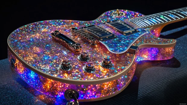 Stylish electric guitar, detailed designs, textured surface, lights reflect, music energy.