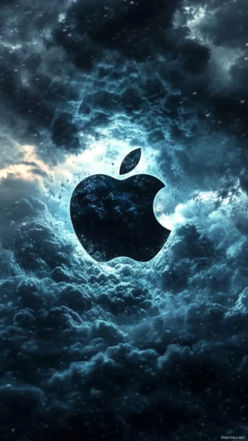 Stylized Apple logo under stormy clouds.