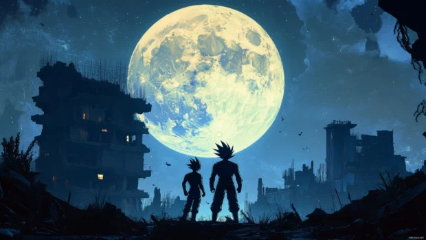 Stylized Goku and Vegeta Wallpaper with them silhouetted against a giant moon and broken city ruins.