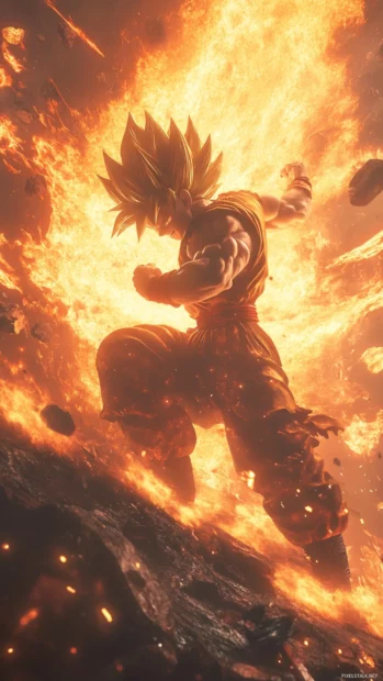 Stylized Goku super saiyan wallpaper where he punches through a barrier of rock and flame.