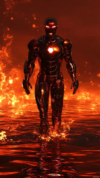 Stylized Iron Man standing in a pool of molten metal.
