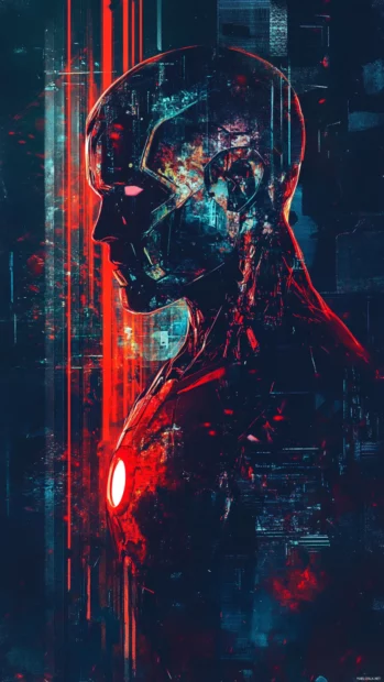 Stylized Iron Man with glitch effects, a choice for artistic Iron Man lockscreen backgrounds in 4K.
