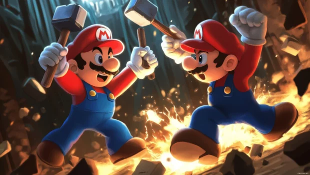 Stylized Mario Bros Desktop Wallpaper with both brothers throwing hammers in a boss fight setting.