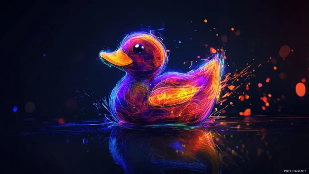 Stylized Rubber Duck wallpaper with neon outlines and splash effects in a dark theme.