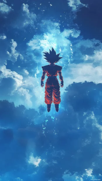 Stylized Son Goku iPhone Wallpapers where Goku floats peacefully with his aura fading into the sky.