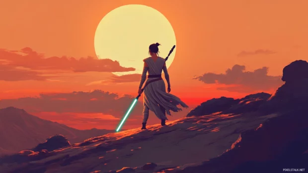 Stylized Star Wars PC wallpaper featuring Rey standing with her lightsaber on a desert planet at sunset.