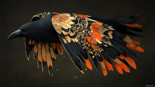 Stylized black crow mid flight.
