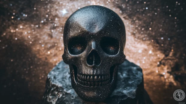 Stylized black skull, matte finish, cosmic elements, starry backdrop.