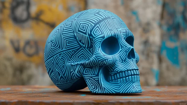 Stylized blue skull with sharp lines, metallic shine, abstract smoke and fog.