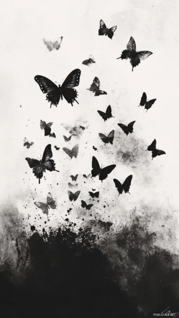 Stylized butterflies fluttering across a monochrome watercolor sky.