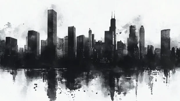 Stylized city skyline painted in black and white watercolor, capturing urban essence.