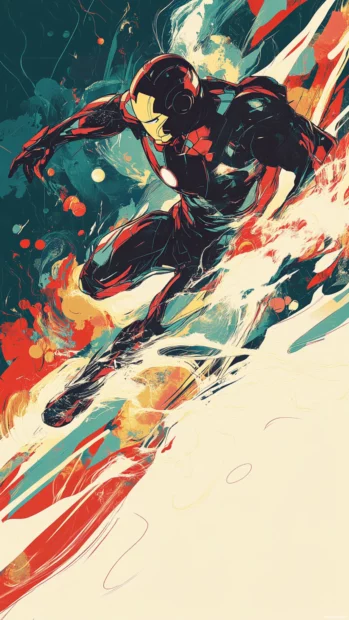 Stylized comic art of Iron Man in full flight, top pick for iPhone superhero 4K wallpapers.