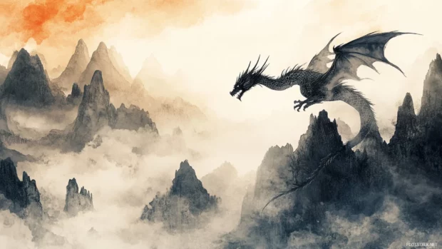 Stylized dragon flying over misty mountains, illustrated with ink brush strokes.