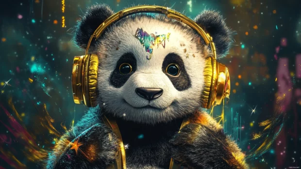 Stylized graffiti panda with golden headphones and starburst.