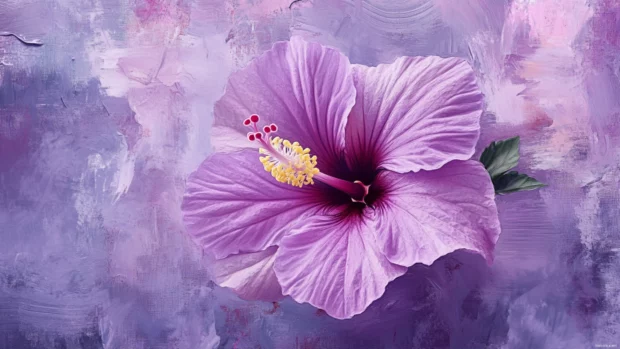 Stylized hibiscus in shades of violet with painterly textures.
