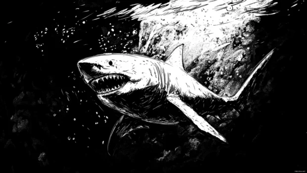 Stylized ink sketch of great white shark underwater.