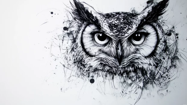 Stylized owl drawn in ink with digital effects.