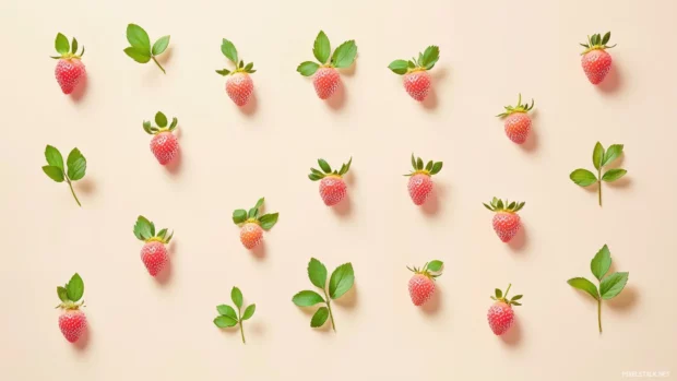 Stylized pink strawberries, floral accents, diagonal layout, soft pink, lavender, simple lines, flat style.