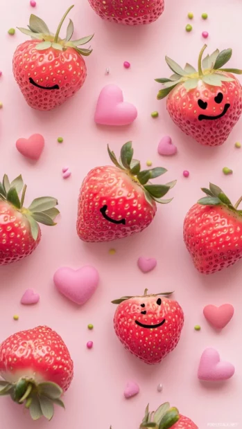 Stylized pink strawberries, small flowers, diagonal layout, pink and lavender colors, simple lines.