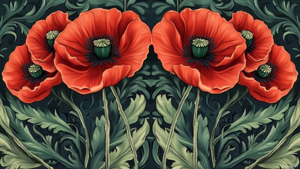 Stylized poppy flowers in thick outlined symmetry.