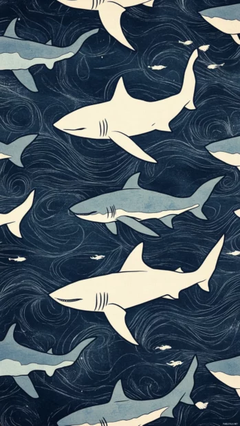 Stylized shark pattern repeating in ocean inspired background.